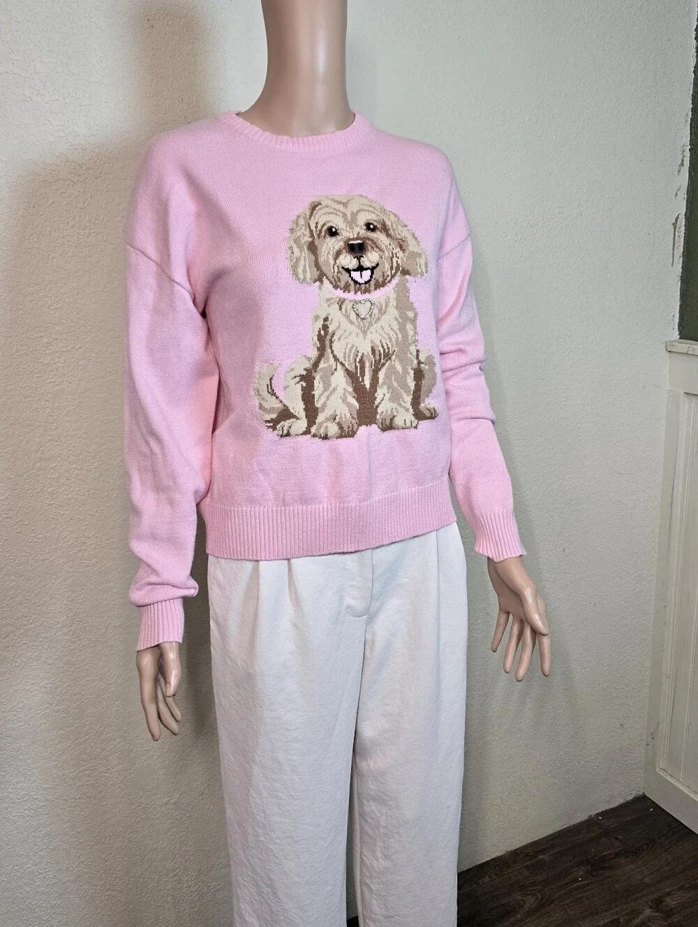 Derek Heart Pink Doodle Poodle Puppy Dog Sweater Size Medium Women’s Crewneck